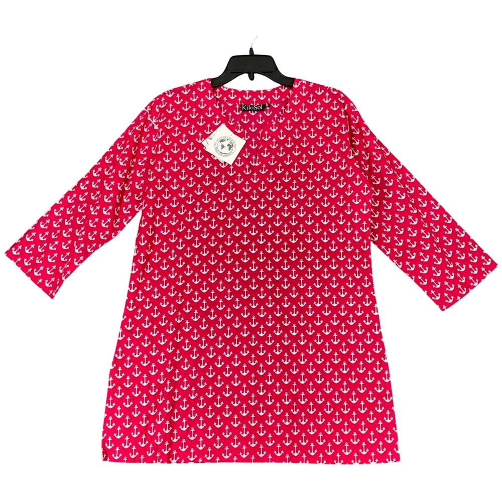 KikiSol Coastal Nautical Preppy Anchor Print Tunic‎ Top Womens S